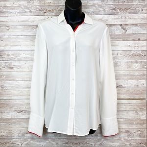 🍀4/$10 ECRU White Sheer Button Up Blouse Red Trim